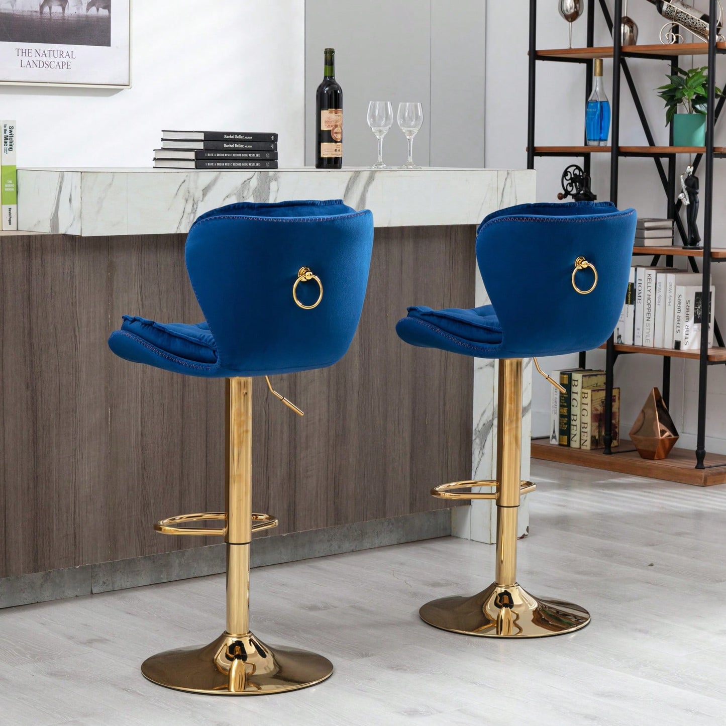 Set Of 2 Velvet Bar Stools - Adjustable Height Swivel Counter Stools With Chrome Footrest & Golden Base