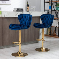 Set Of 2 Velvet Bar Stools - Adjustable Height Swivel Counter Stools With Chrome Footrest & Golden Base