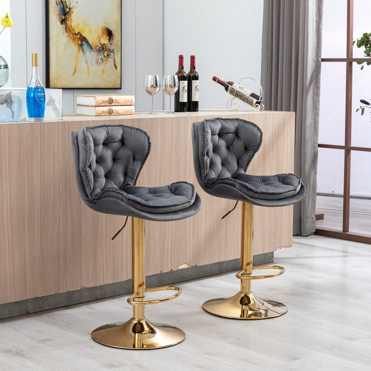 Set Of 2 Velvet Bar Stools - Adjustable Height Swivel Counter Stools With Chrome Footrest & Golden Base
