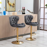 Set Of 2 Velvet Bar Stools - Adjustable Height Swivel Counter Stools With Chrome Footrest & Golden Base