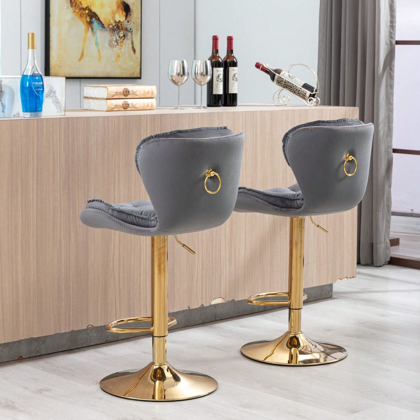 Set Of 2 Velvet Bar Stools - Adjustable Height Swivel Counter Stools With Chrome Footrest & Golden Base