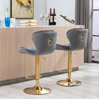 Set Of 2 Velvet Bar Stools - Adjustable Height Swivel Counter Stools With Chrome Footrest & Golden Base