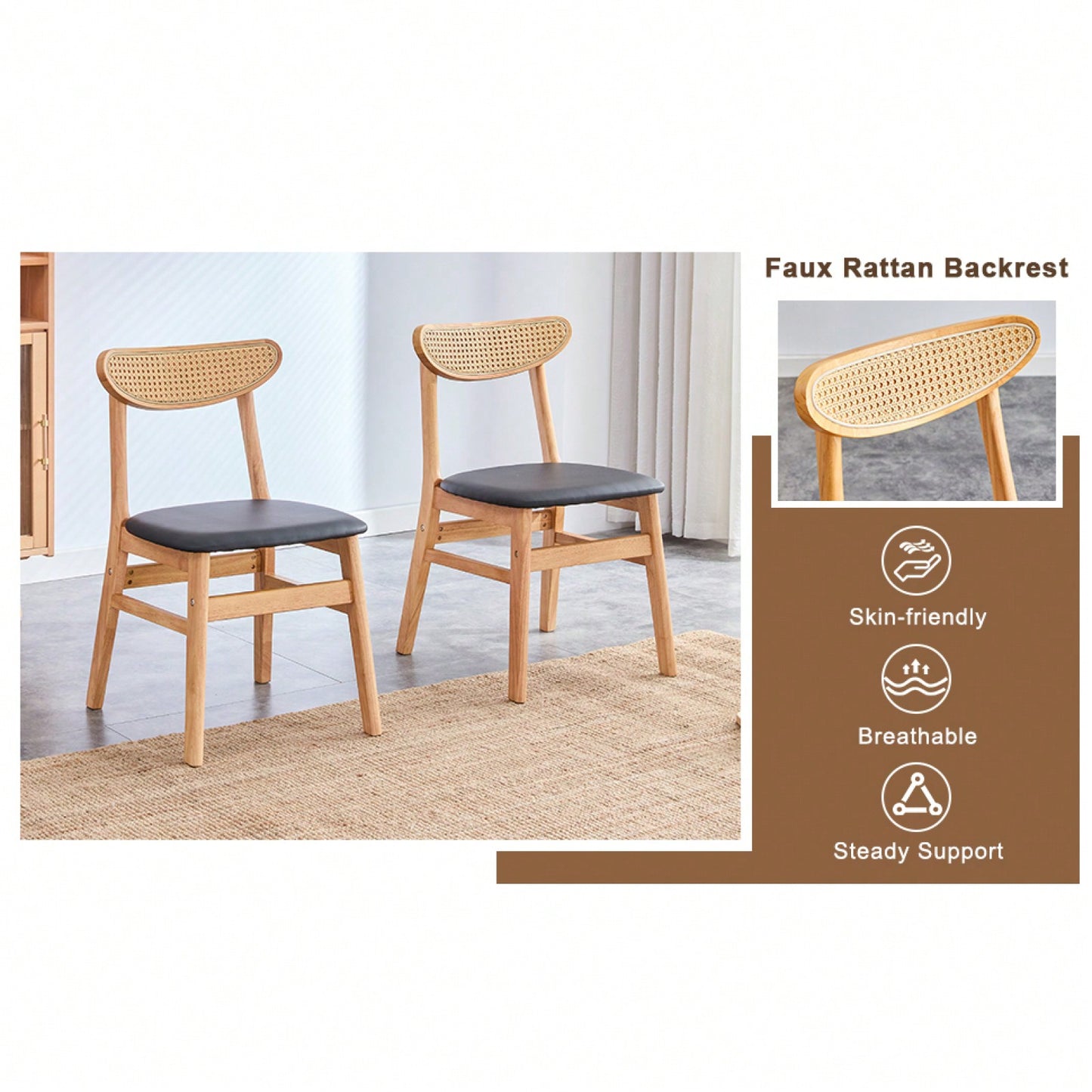 Elegant Upholstered Solid Wood Dining Chairs Set of 2 with Curved Back and Comfortable PU Cushion for Kitchen Dining Room Office