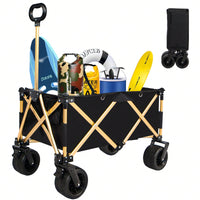 All-Terrain Folding Utility Wagon Cart with Adjustable Handle and Cup Holders for Camping Beach Shopping Supports 225lbs