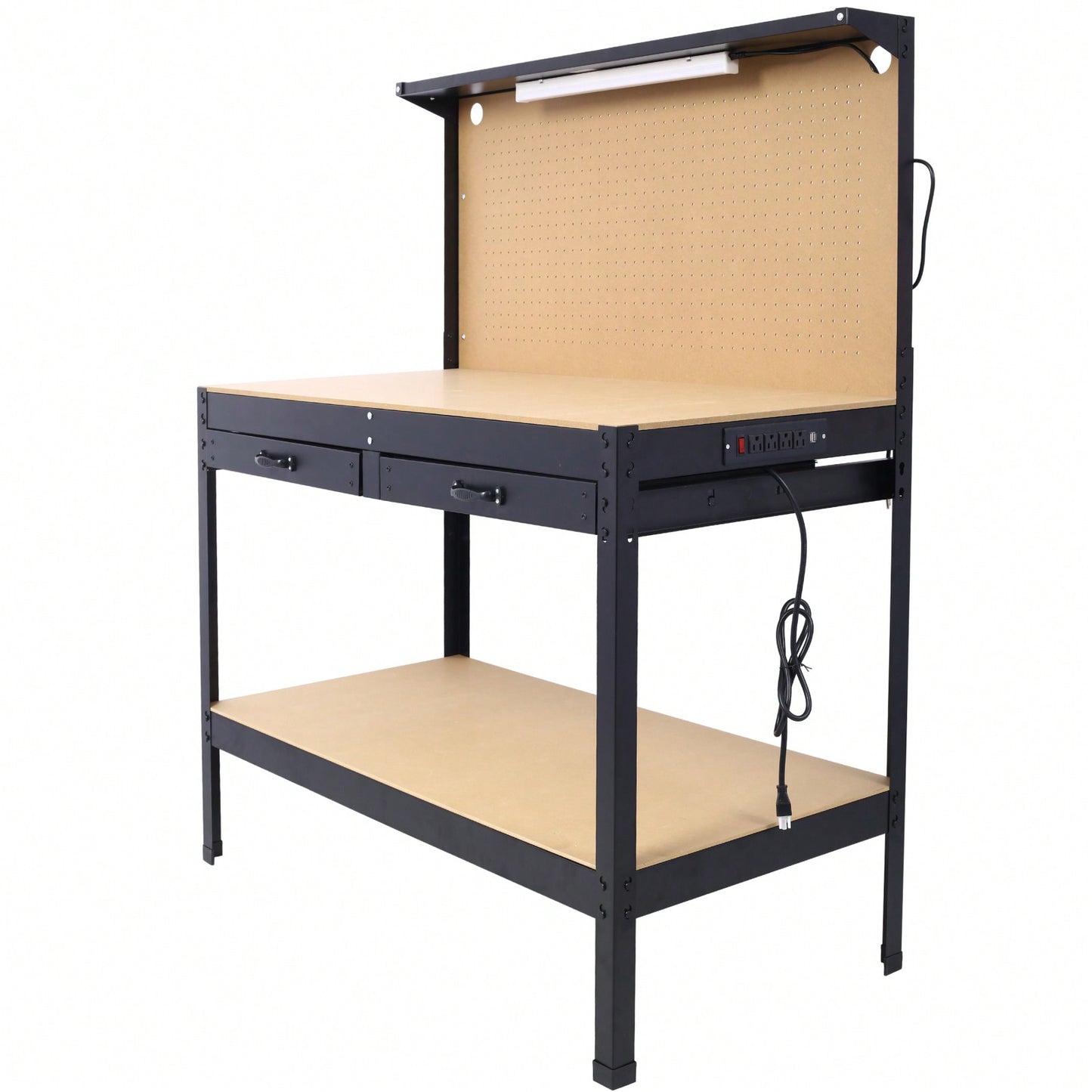 Heavy Duty Steel Workbench with Drawer Pegboard Light 220lb Capacity 4 AC Outlets 2 USB Ports for Garage Workshop Basement