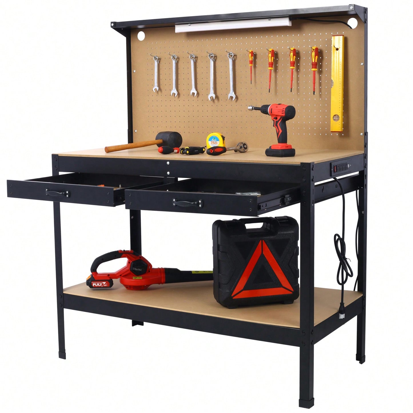Heavy Duty Steel Workbench with Drawer Pegboard Light 220lb Capacity 4 AC Outlets 2 USB Ports for Garage Workshop Basement