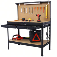 Heavy Duty Steel Workbench with Drawer Pegboard Light 220lb Capacity 4 AC Outlets 2 USB Ports for Garage Workshop Basement