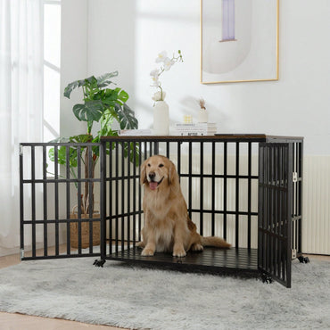 42" Heavy Duty Dog Crate, Furniture Style Cage For Large & Medium Dogs, Metal Kennel With 4 Lockable Wheels, 2 Doors, Easy Assembly