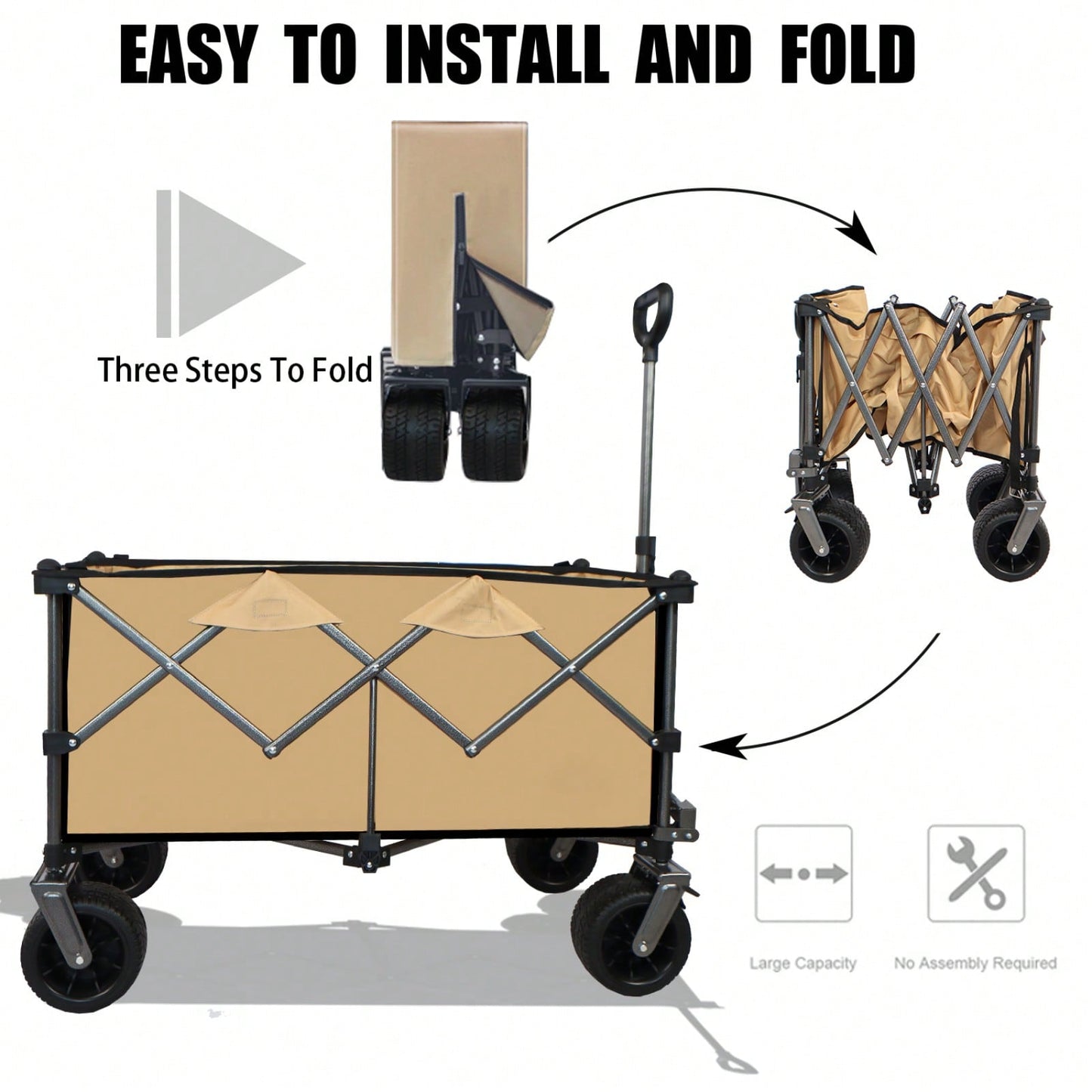 All-Terrain Heavy Duty Folding Wagon Cart with Waterproof Fabric Adjustable Handle and Cup Holders for Camping Beach and Shopping