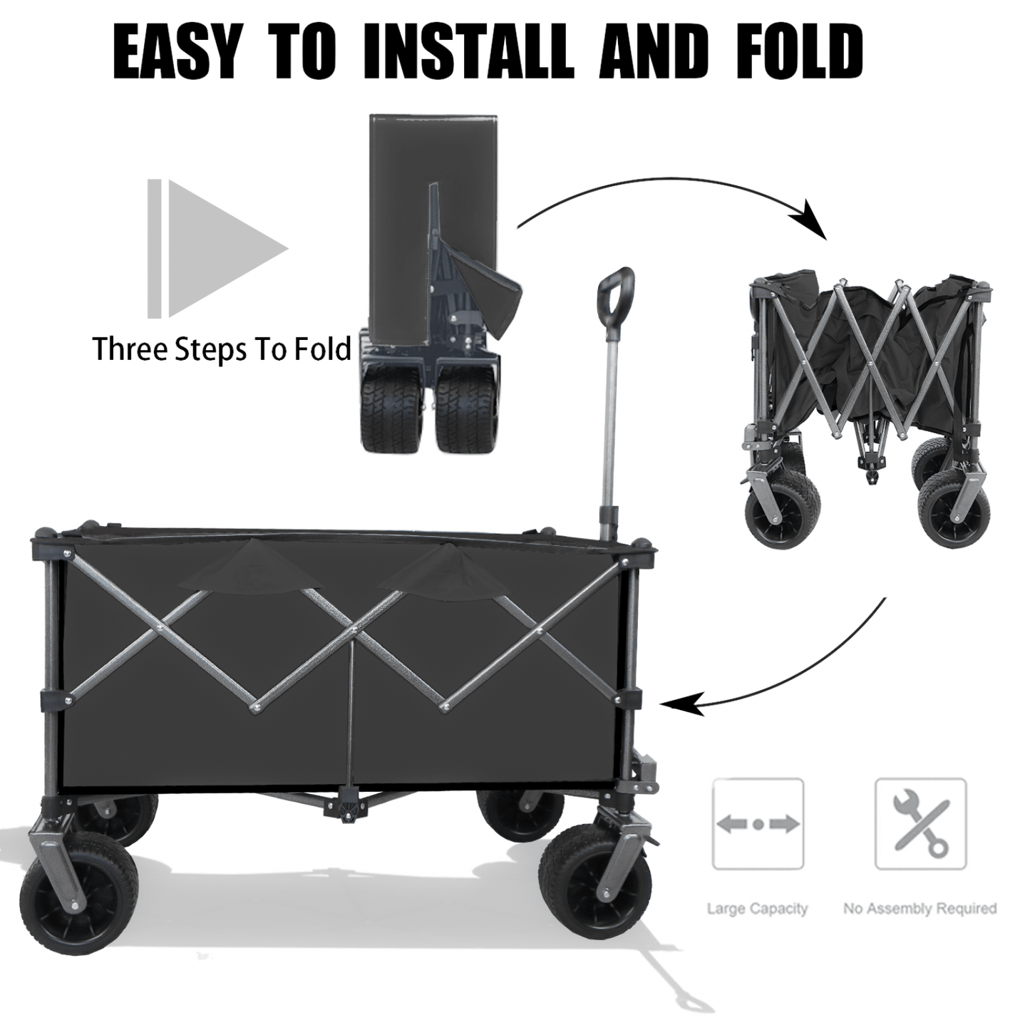 All-Terrain Heavy Duty Folding Wagon Cart with Waterproof Fabric Adjustable Handle and Cup Holders for Camping Beach and Shopping