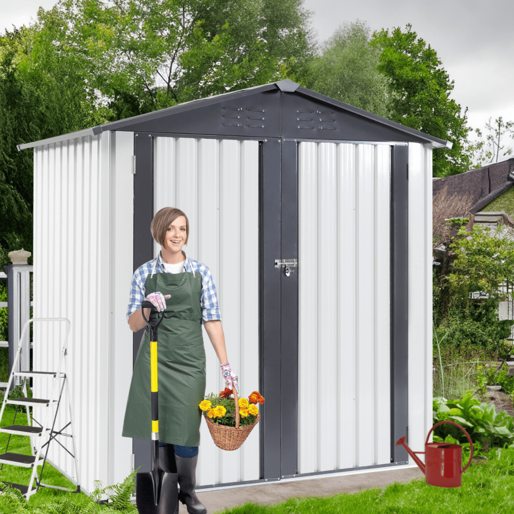 Outdoor Metal Storage Shed - Heavy Duty Weather Resistant Garden Tool Shed With Sloped Roof, Lockable Double Doors, And Easy Access - 6x4ft