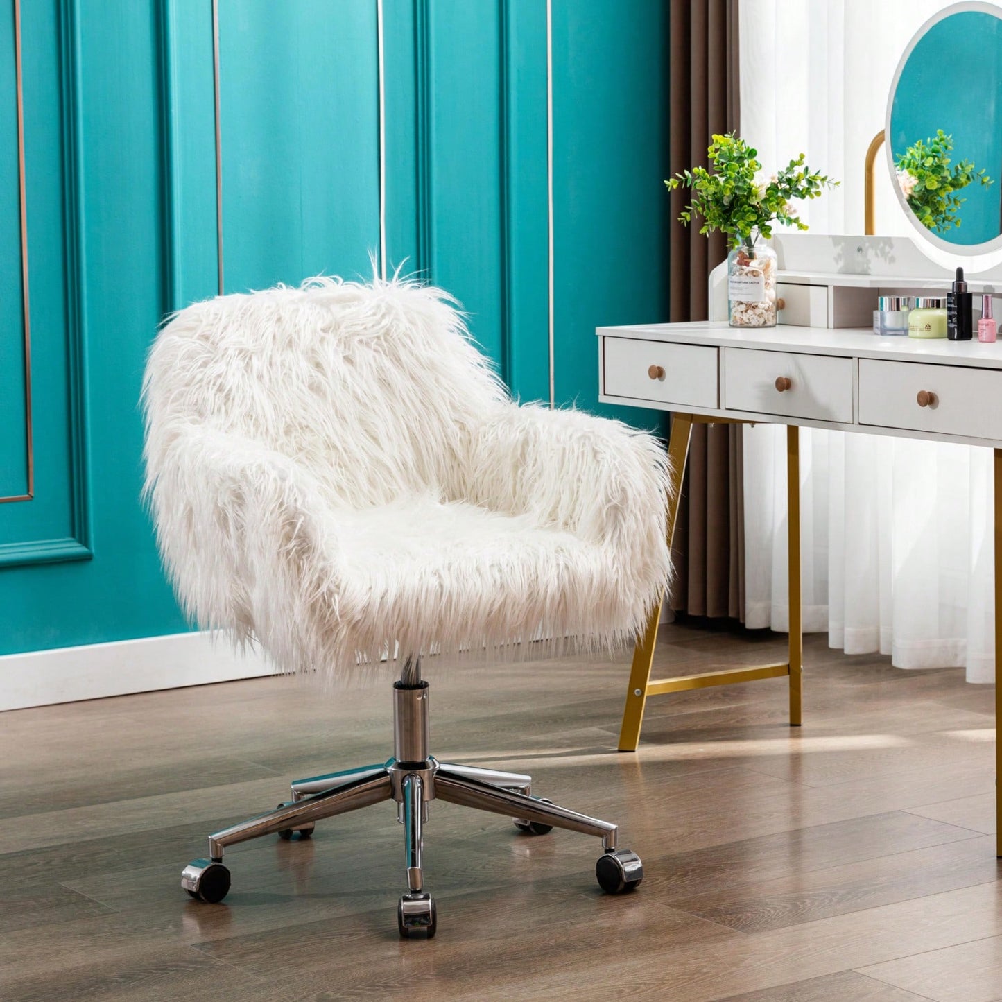 Modern Faux Fur Home Office Chair, Fluffy Chair For Girls, Makeup Vanity Chair