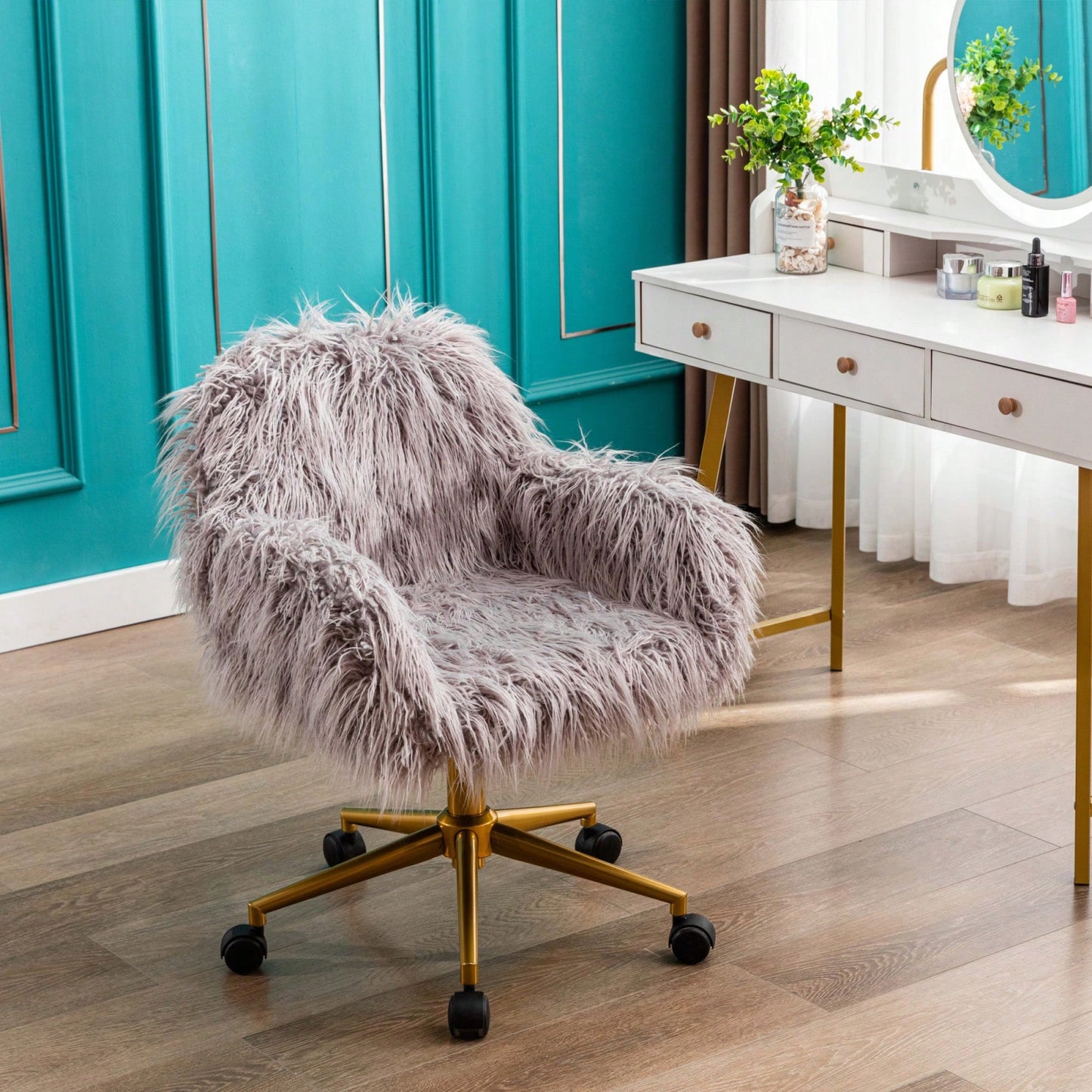 Modern Faux Fur Home Office Chair, Fluffy Chair For Girls, Makeup Vanity Chair