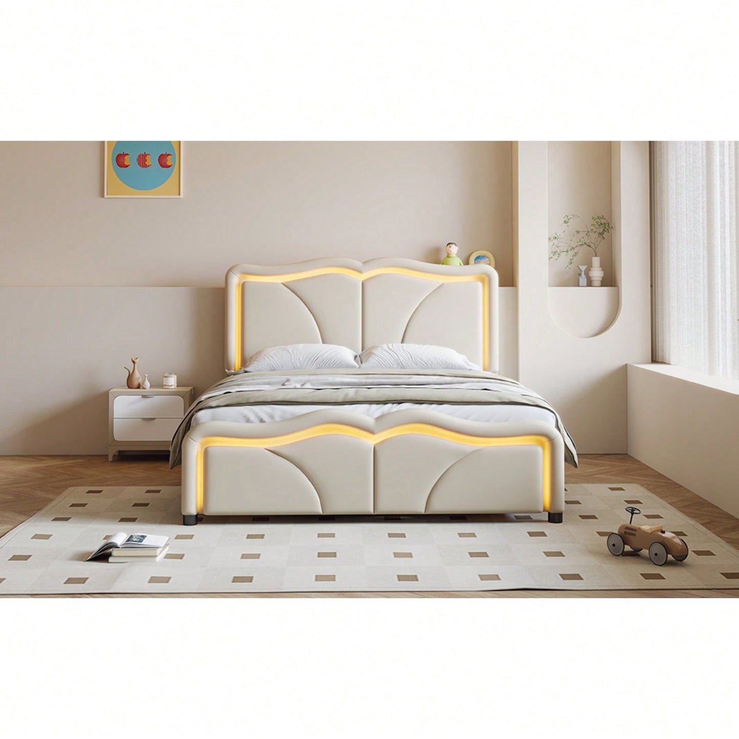 Full Size Platform Bed With Adjustable Headboard, LED Light Strip, Upholstered, No Box Spring Needed