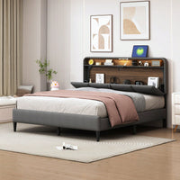 Queen Size Platform Bed Frame with Storage Headboard USB Ports Power Outlets Sensor Light Easy Assembly No Box Spring Required