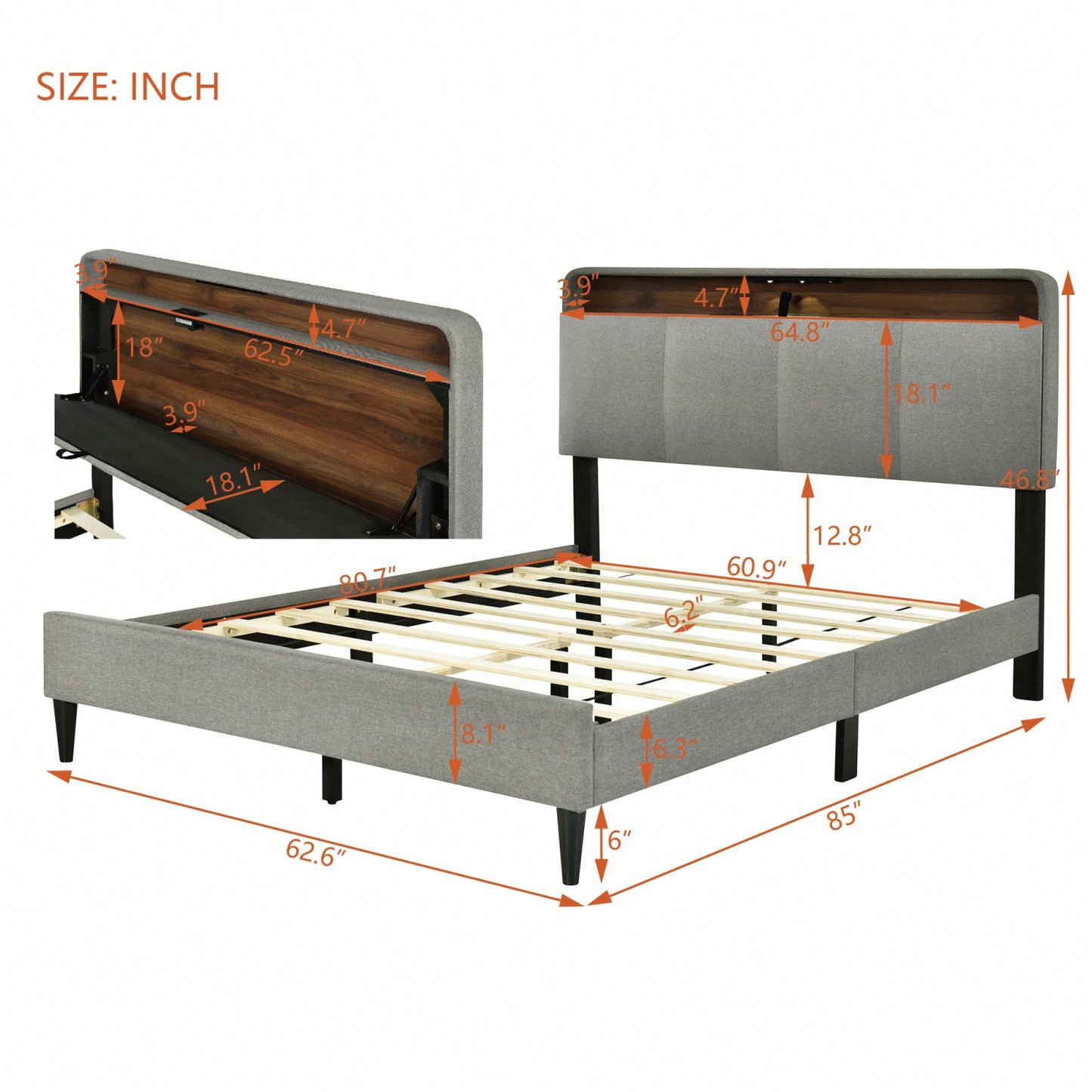 Queen Size Platform Bed Frame with Storage Headboard USB Ports Power Outlets Sensor Light Easy Assembly No Box Spring Required