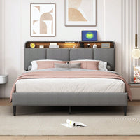 Queen Size Platform Bed Frame with Storage Headboard USB Ports Power Outlets Sensor Light Easy Assembly No Box Spring Required