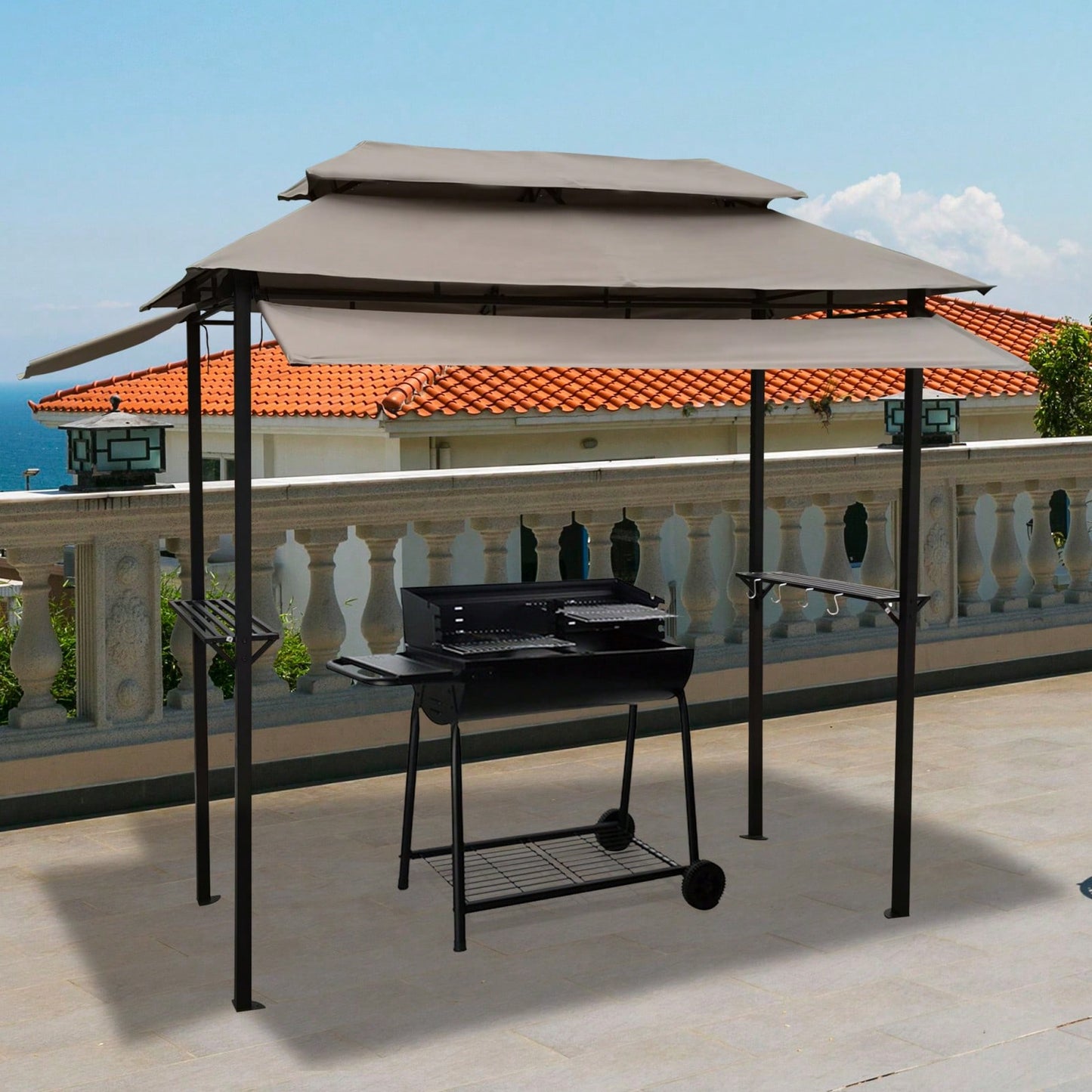 8x4ft Outdoor Grill Gazebo with Soft Top Canopy Steel Frame Two-Tier Roof Weather Resistant Easy Assembly