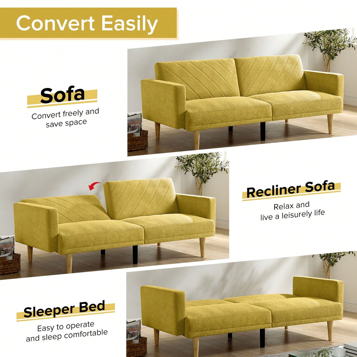 Compact Sofa Bed for Small Spaces - Converts to Single Bed - Stylish Tapered Wood Legs - Ideal for Guests - Multiple Colors Available