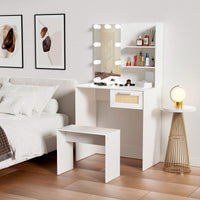 Modern Wood Vanity Desk Set Stool & Dressing Table With LED Lighting Mirror Drawer And Compartments Chest Of Drawers