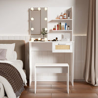 Modern Wood Vanity Desk Set Stool & Dressing Table With LED Lighting Mirror Drawer And Compartments Chest Of Drawers