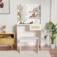 Modern Wood Vanity Desk Set Stool & Dressing Table With LED Lighting Mirror Drawer And Compartments Chest Of Drawers