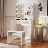 Modern Wood Vanity Desk Set Stool & Dressing Table With LED Lighting Mirror Drawer And Compartments Chest Of Drawers