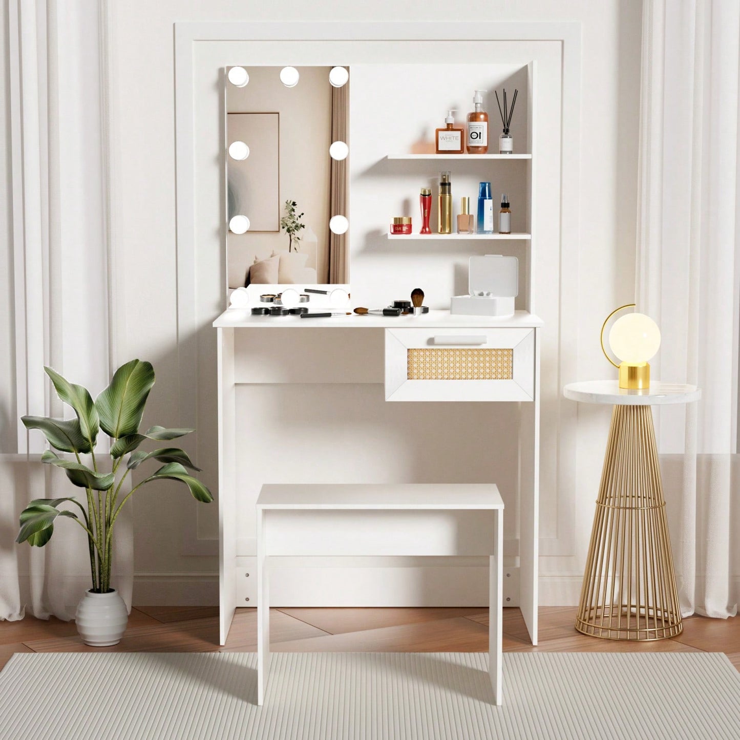 Modern Wood Vanity Desk Set Stool & Dressing Table With LED Lighting Mirror Drawer And Compartments Chest Of Drawers