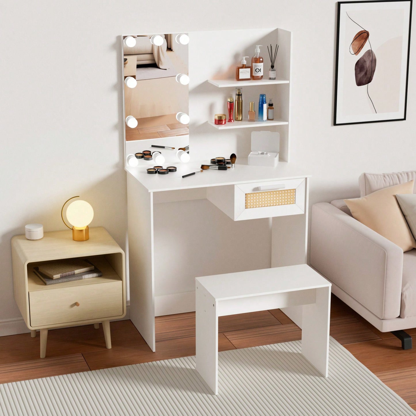 Modern Wood Vanity Desk Set Stool & Dressing Table With LED Lighting Mirror Drawer And Compartments Chest Of Drawers