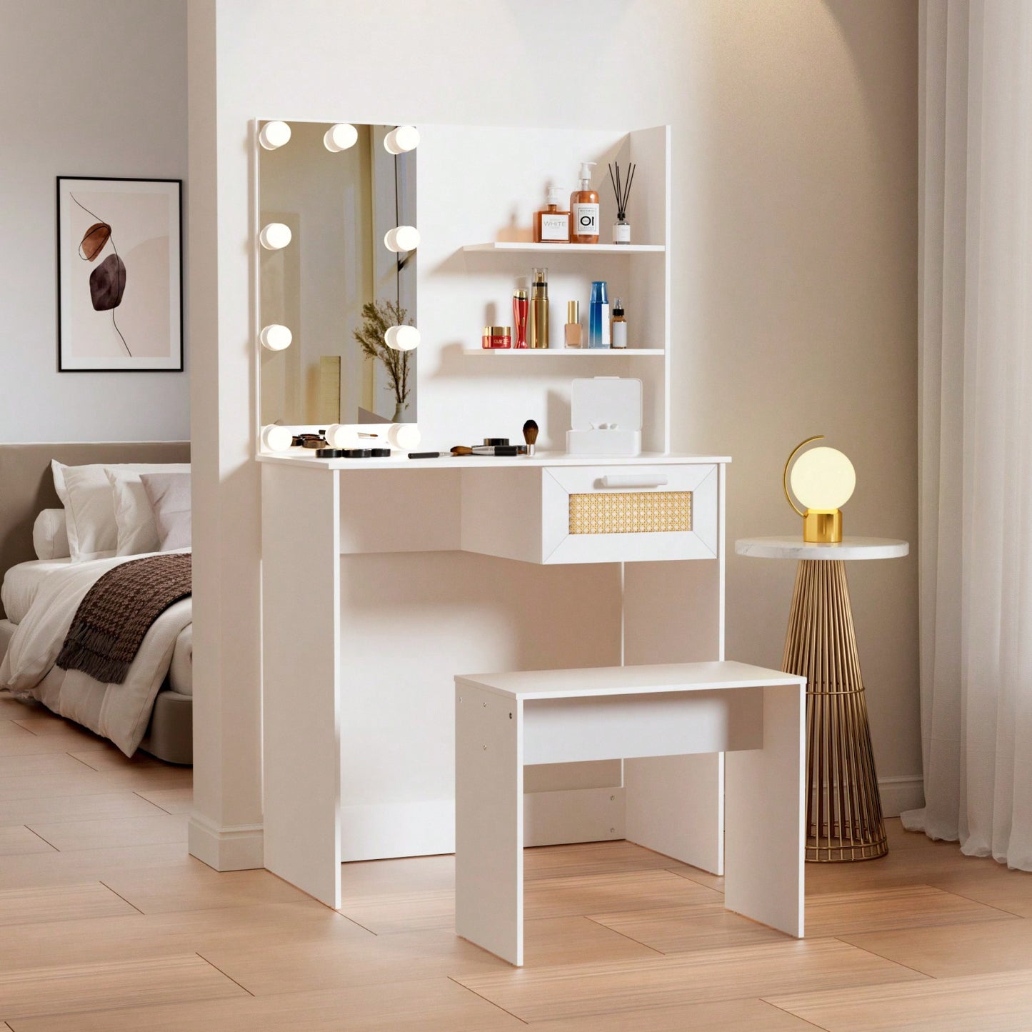 Modern Wood Vanity Desk Set Stool & Dressing Table With LED Lighting Mirror Drawer And Compartments Chest Of Drawers