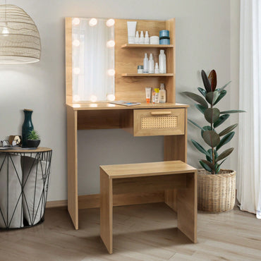 Modern Wood Vanity Desk Set Stool & Dressing Table With LED Lighting Mirror Drawer And Compartments Chest Of Drawers