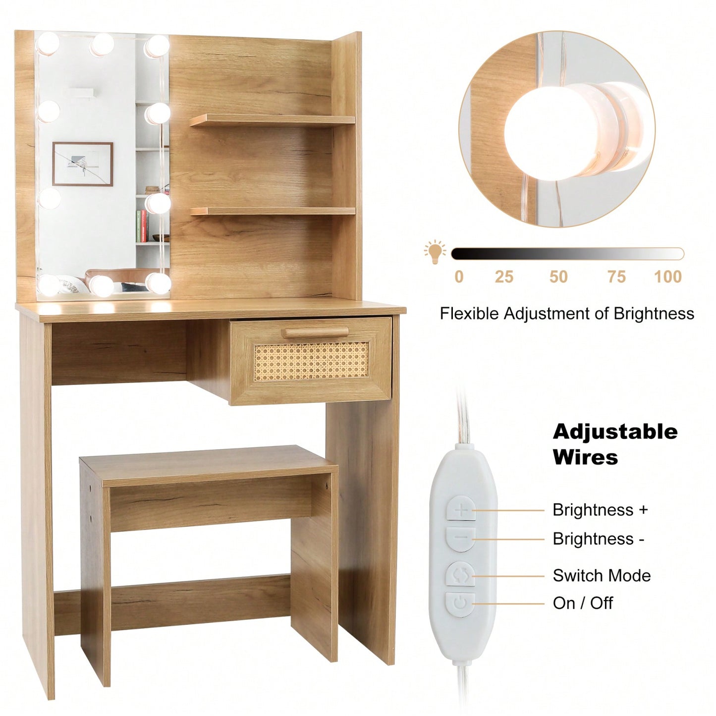 Modern Wood Vanity Desk Set Stool & Dressing Table With LED Lighting Mirror Drawer And Compartments Chest Of Drawers