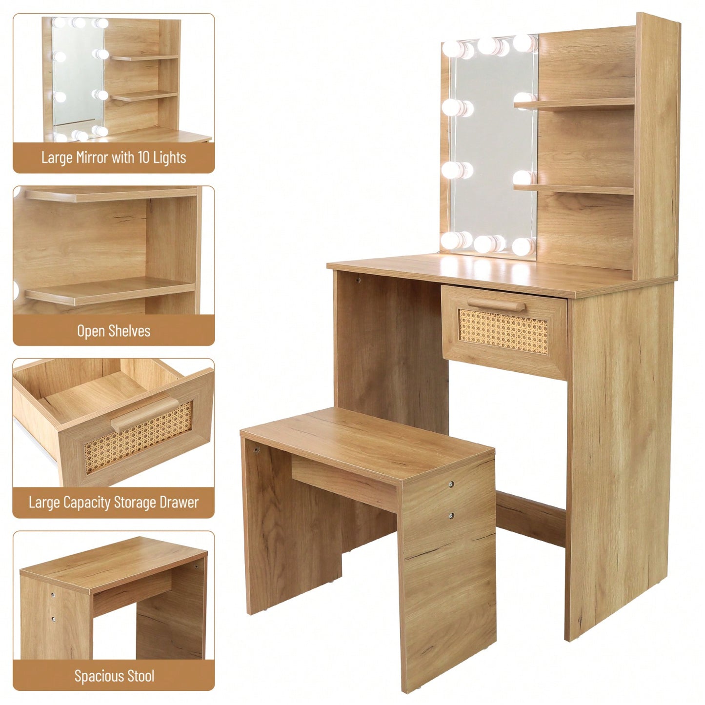 Modern Wood Vanity Desk Set Stool & Dressing Table With LED Lighting Mirror Drawer And Compartments Chest Of Drawers