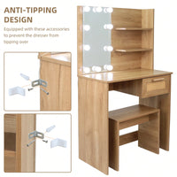 Modern Wood Vanity Desk Set Stool & Dressing Table With LED Lighting Mirror Drawer And Compartments Chest Of Drawers