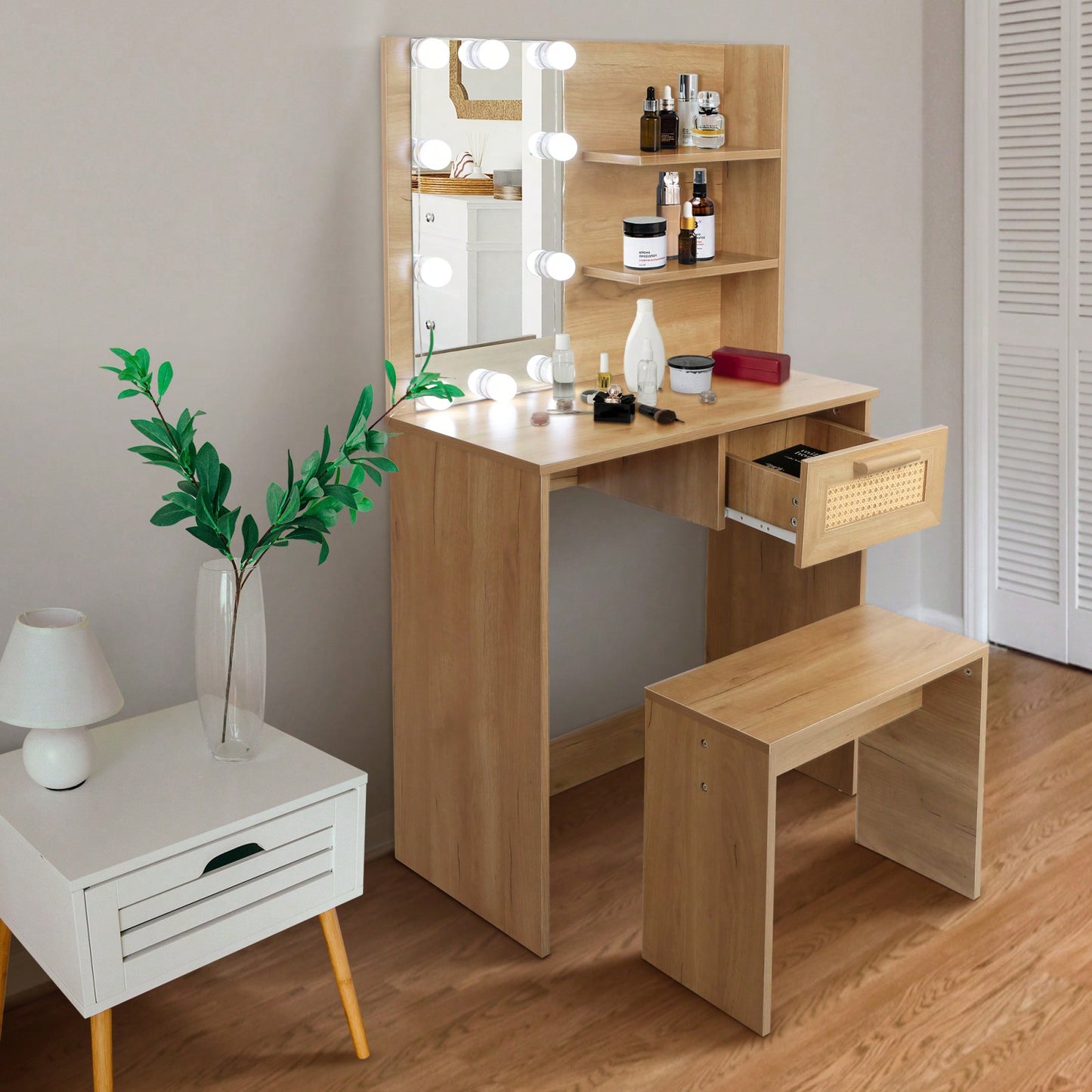 Modern Wood Vanity Desk Set Stool & Dressing Table With LED Lighting Mirror Drawer And Compartments Chest Of Drawers