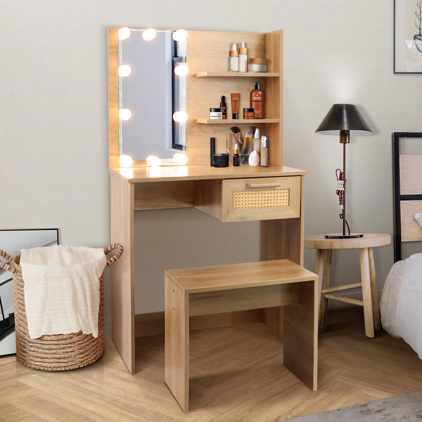 Modern Wood Vanity Desk Set Stool & Dressing Table With LED Lighting Mirror Drawer And Compartments Chest Of Drawers