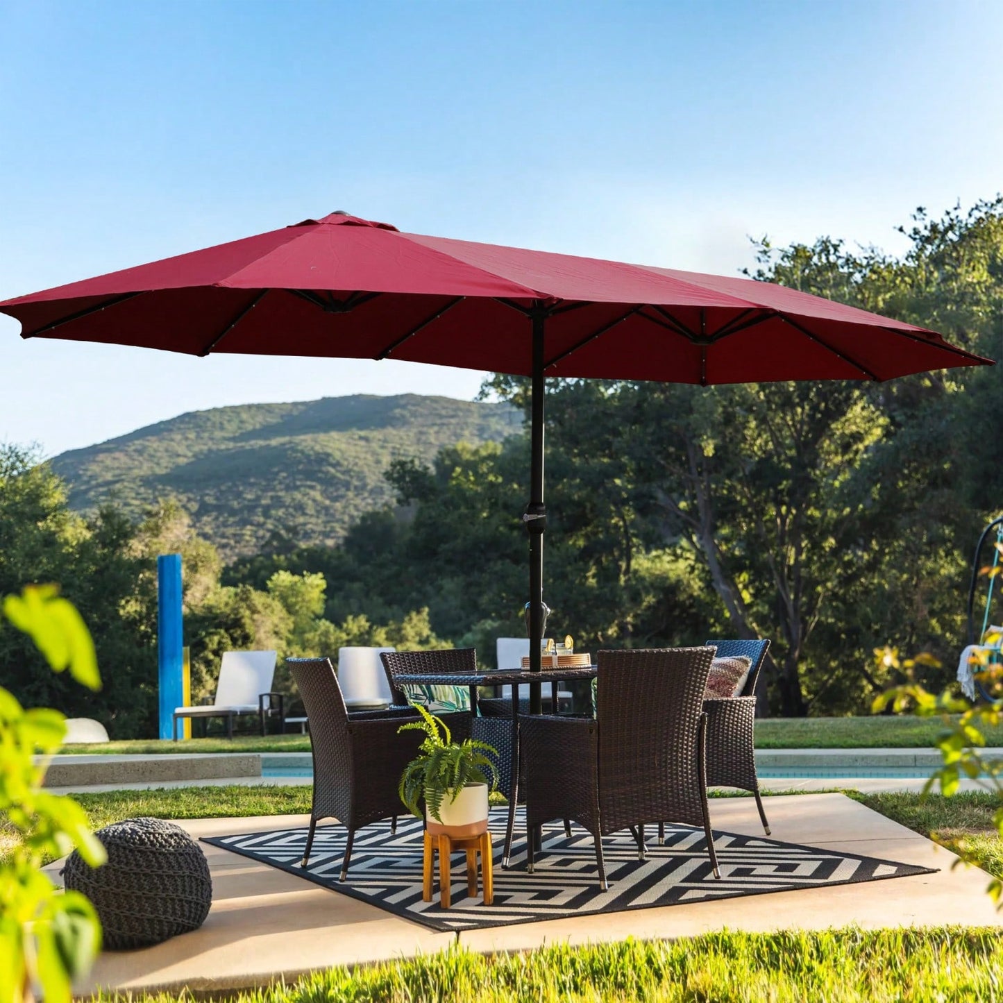 15x9ft Large Double-Sided Rectangular Outdoor Twin Patio Market Umbrella With Light And Base