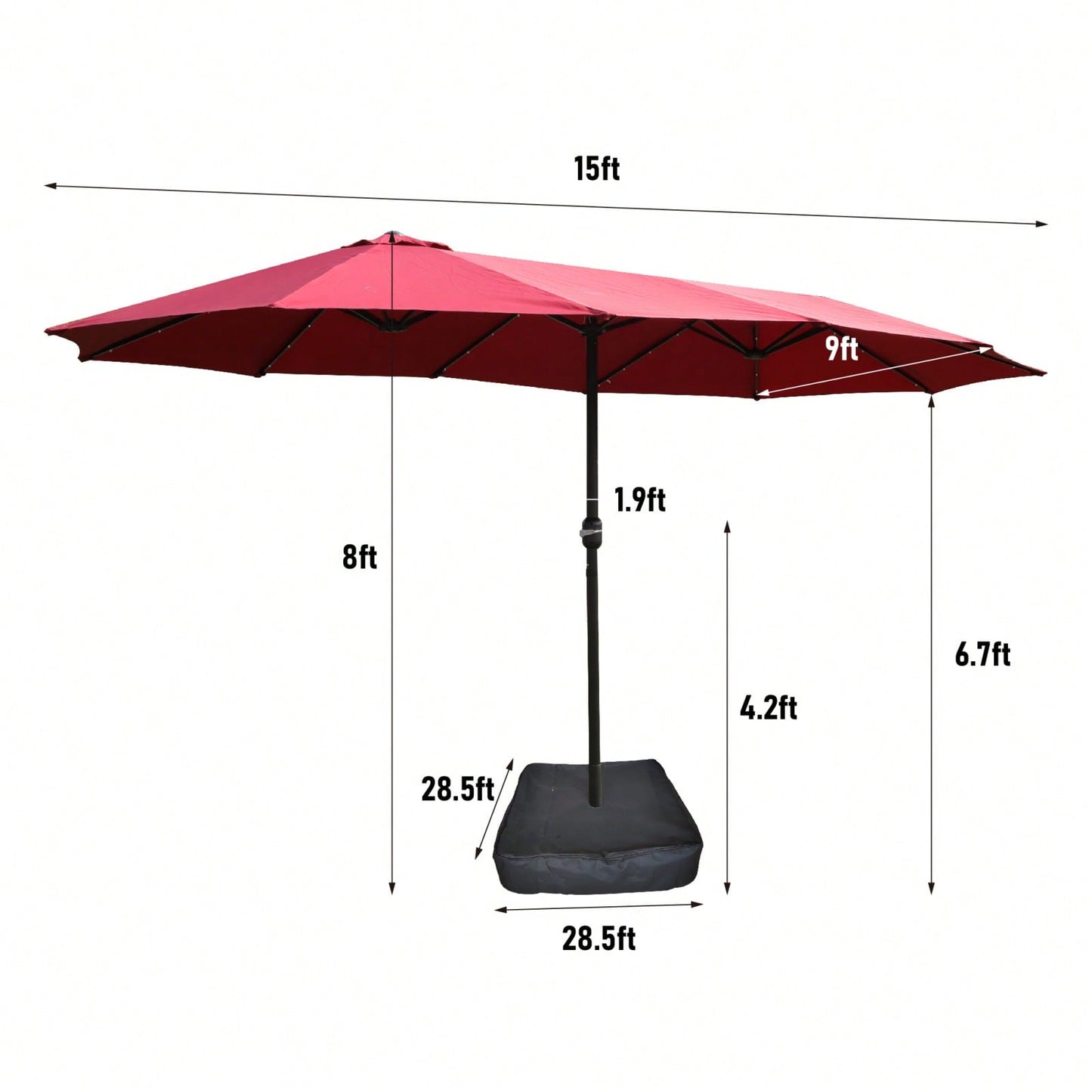 15x9ft Large Double-Sided Rectangular Outdoor Twin Patio Market Umbrella With Light And Base