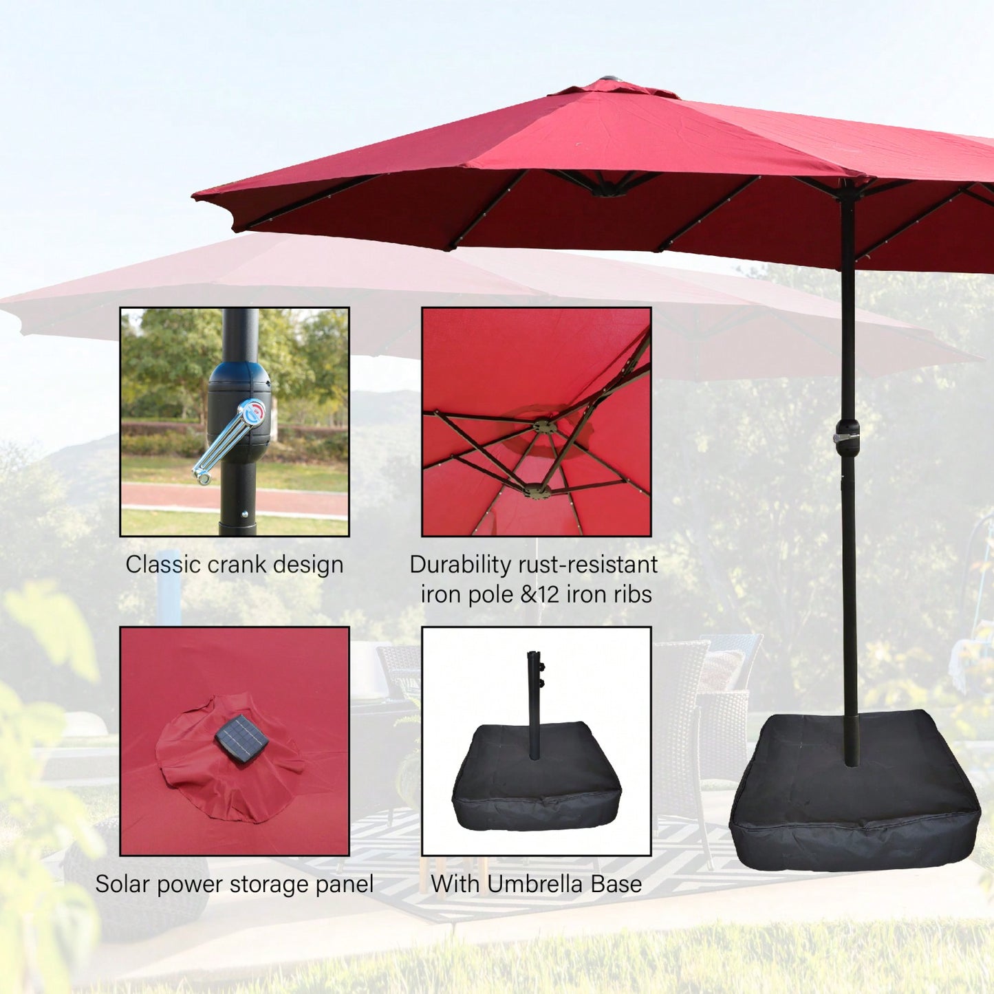 15x9ft Large Double-Sided Rectangular Outdoor Twin Patio Market Umbrella With Light And Base