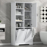 Tall Bathroom Storage Cabinet With Tilt-Out Laundry Hamper, Adjustable Shelves, And Open Shelving