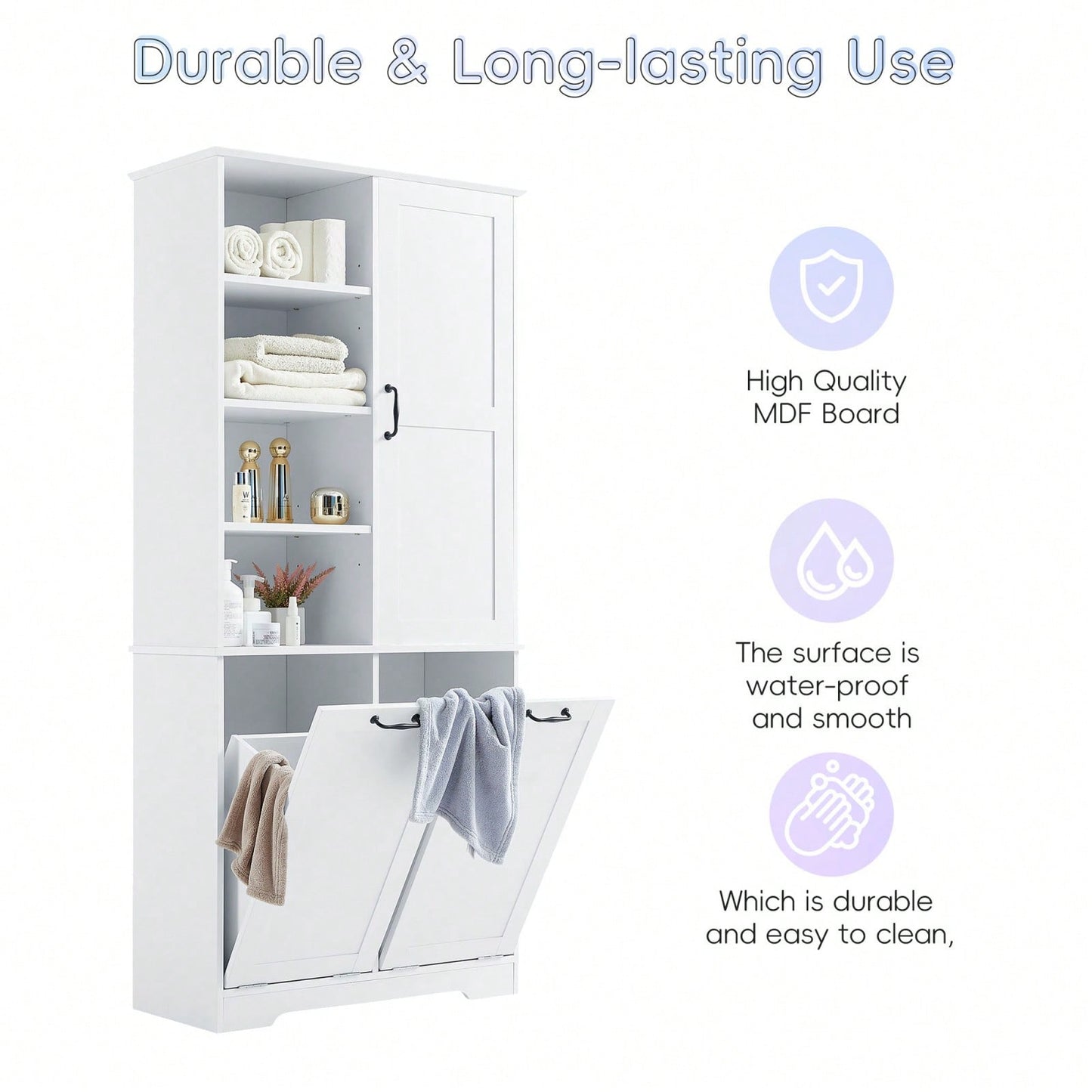 Tall Bathroom Storage Cabinet With Tilt-Out Laundry Hamper, Adjustable Shelves, And Open Shelving