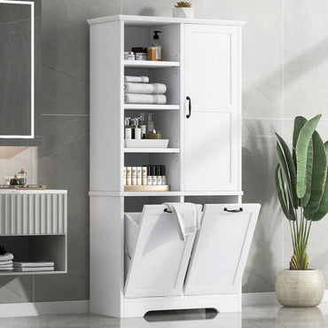 Tall Bathroom Storage Cabinet With Tilt-Out Laundry Hamper, Adjustable Shelves, And Open Shelving