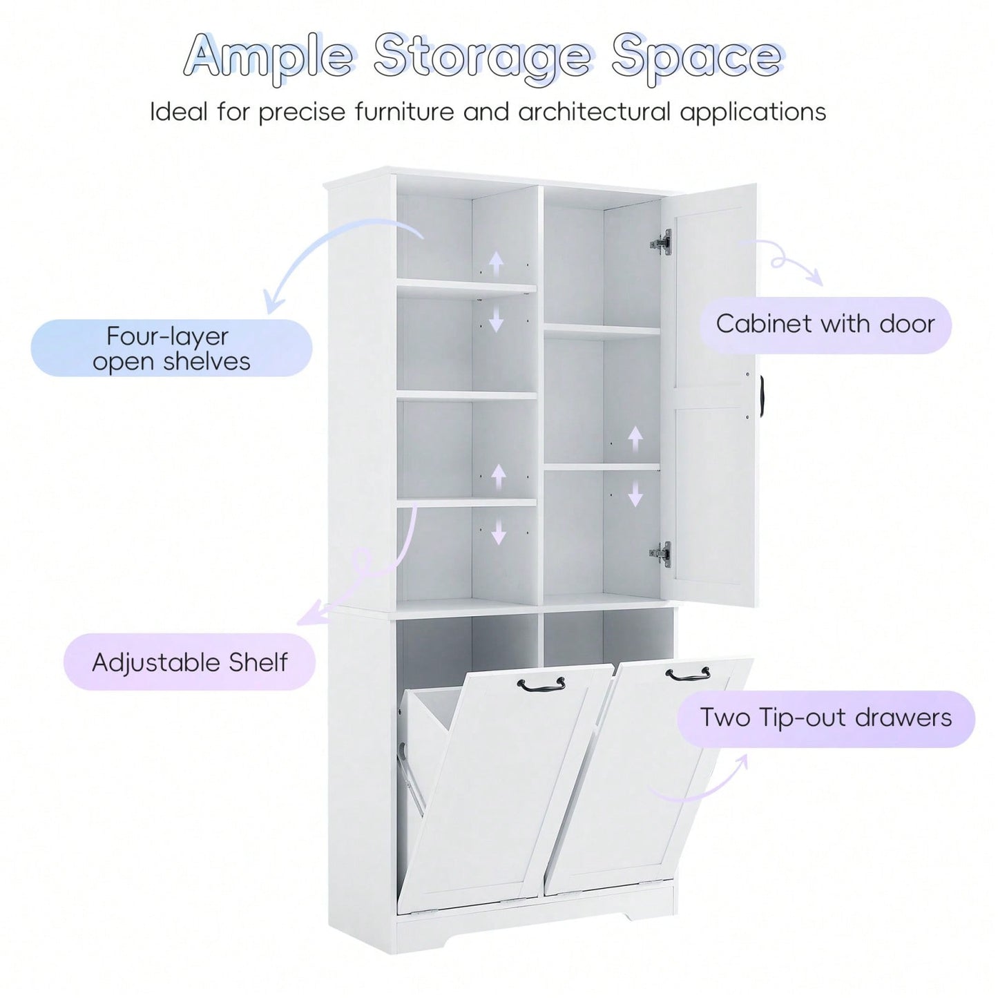 Tall Bathroom Storage Cabinet With Tilt-Out Laundry Hamper, Adjustable Shelves, And Open Shelving