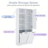 Tall Bathroom Storage Cabinet With Tilt-Out Laundry Hamper, Adjustable Shelves, And Open Shelving