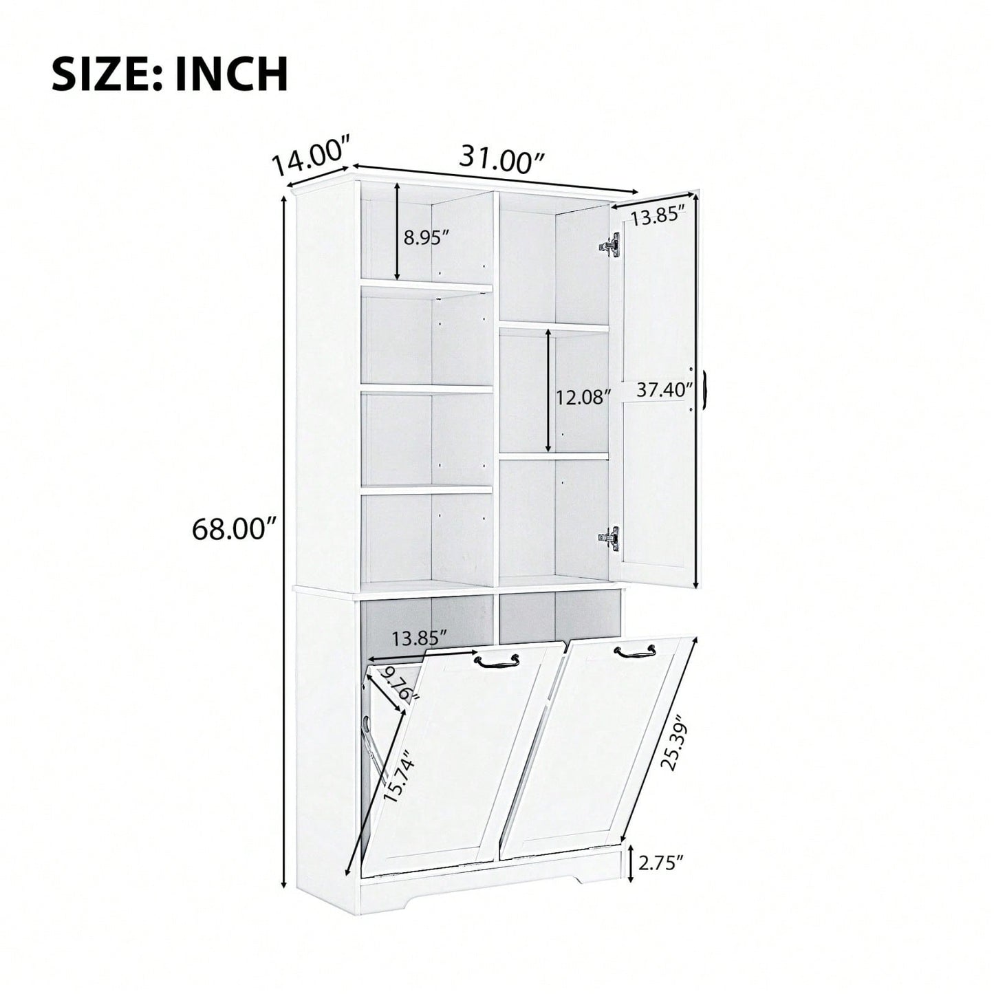 Tall Bathroom Storage Cabinet With Tilt-Out Laundry Hamper, Adjustable Shelves, And Open Shelving