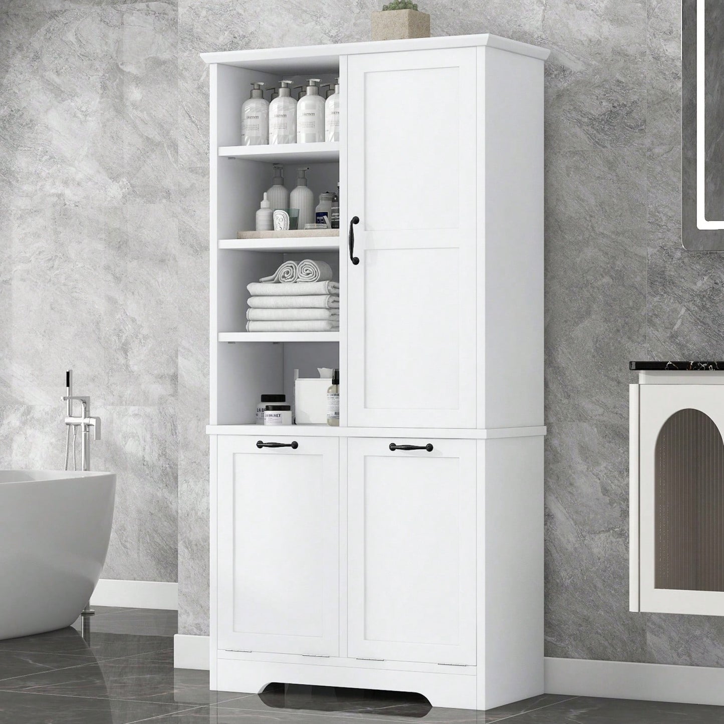 Tall Bathroom Storage Cabinet With Tilt-Out Laundry Hamper, Adjustable Shelves, And Open Shelving