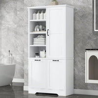 Tall Bathroom Storage Cabinet With Tilt-Out Laundry Hamper, Adjustable Shelves, And Open Shelving