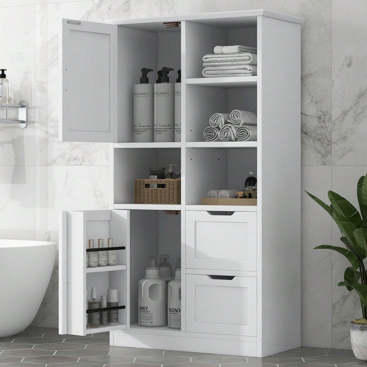 Freestanding Bathroom Storage Cabinet with Adjustable Shelves and Drawers for Versatile Home Organization