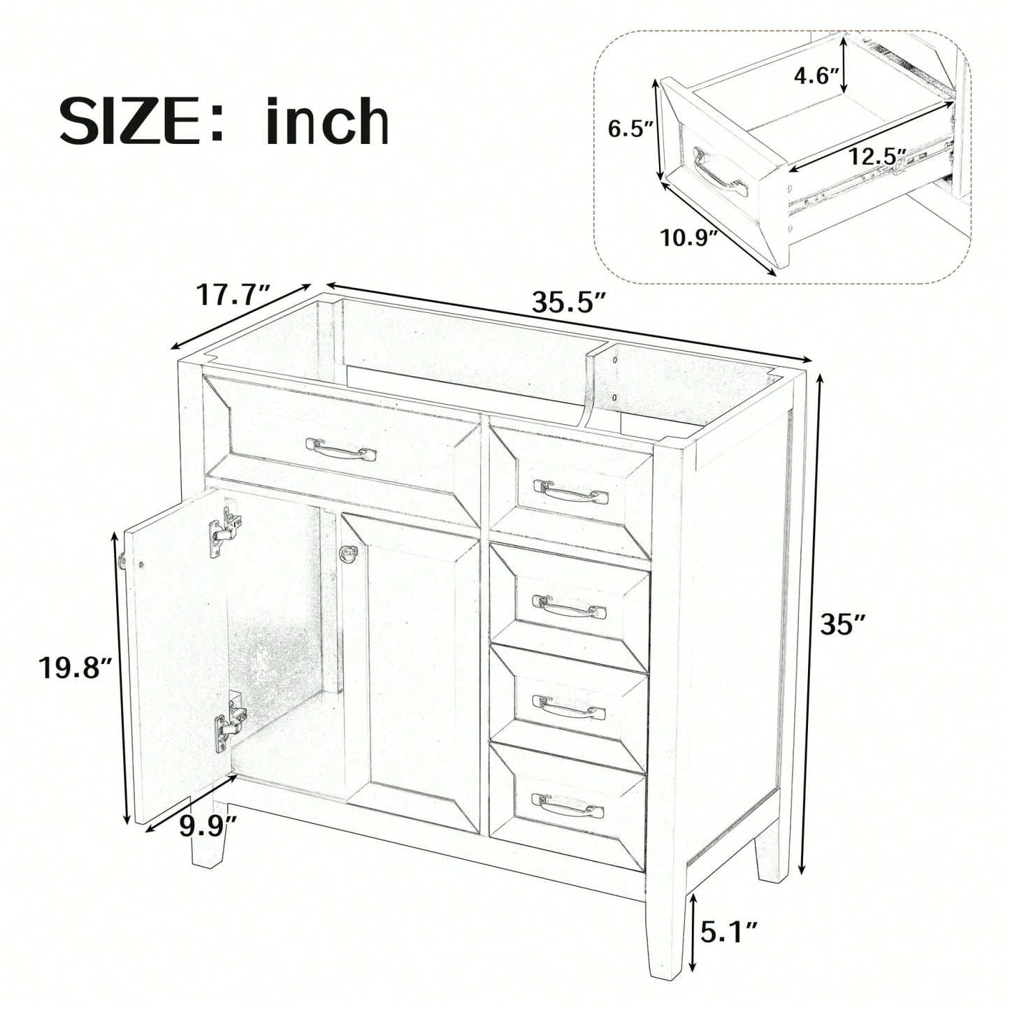 36 Inch Freestanding Modern Bathroom Vanity Cabinet Base Solid Wood MDF 2 Doors 3 Drawers Ample Storage Easy Assembly Silver Handles