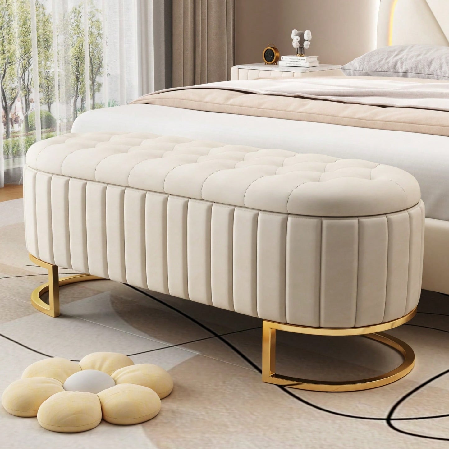 Upholstered Velvet Storage Ottoman Bench with Metal Legs Stylish Footrest and Spacious Chest for Living Room and Entryway